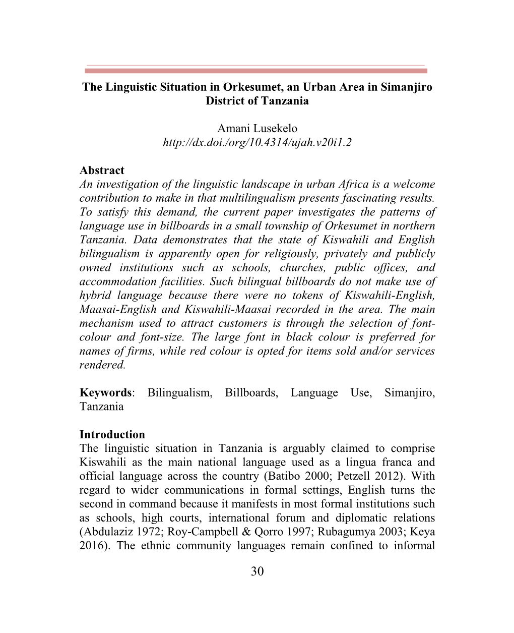 The Linguistic Situation in Orkesumet, an Urban Area in Simanjiro District of Tanzania Amani Lusekelo