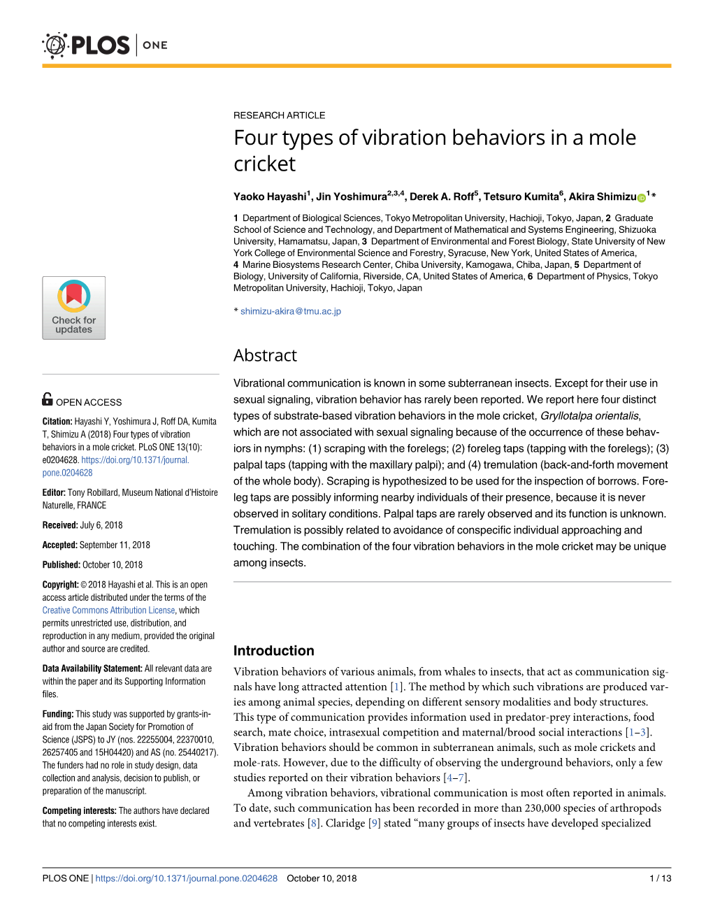 Four Types of Vibration Behaviors in a Mole Cricket