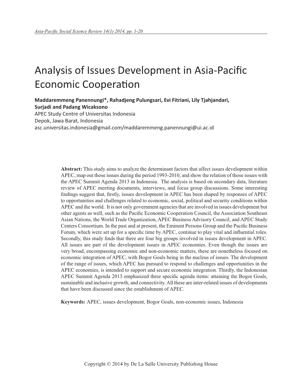 Analysis of Issues Development in Asia-Pacific Economic Cooperation