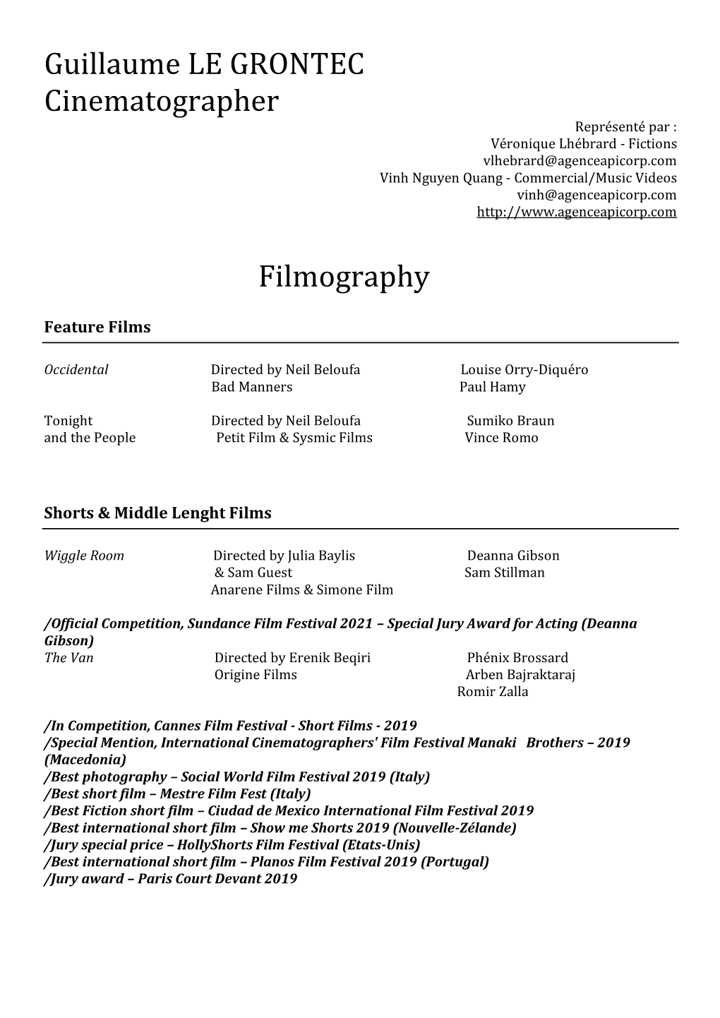 Guillaume LE GRONTEC Cinematographer Filmography