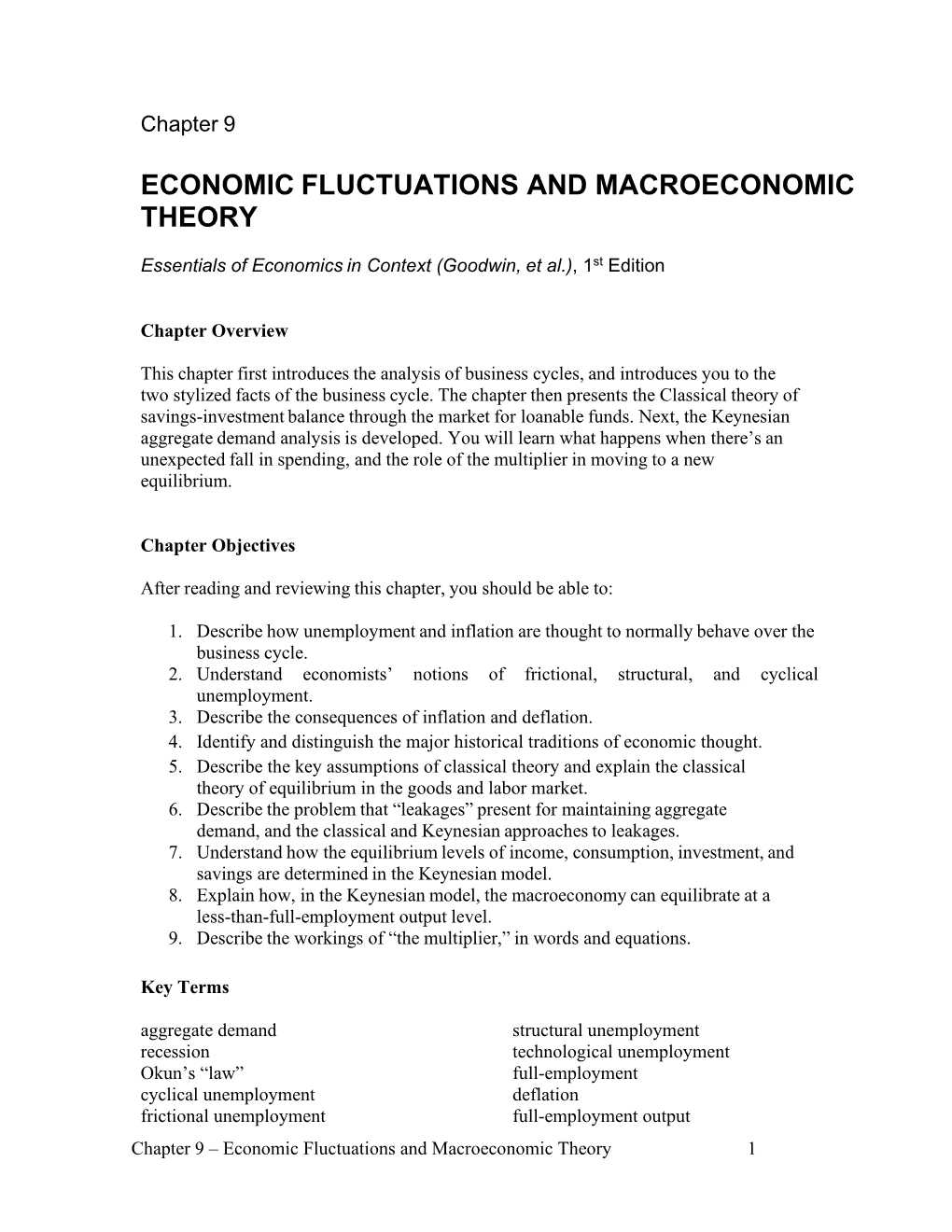 Economic Fluctuations and Macroeconomic Theory