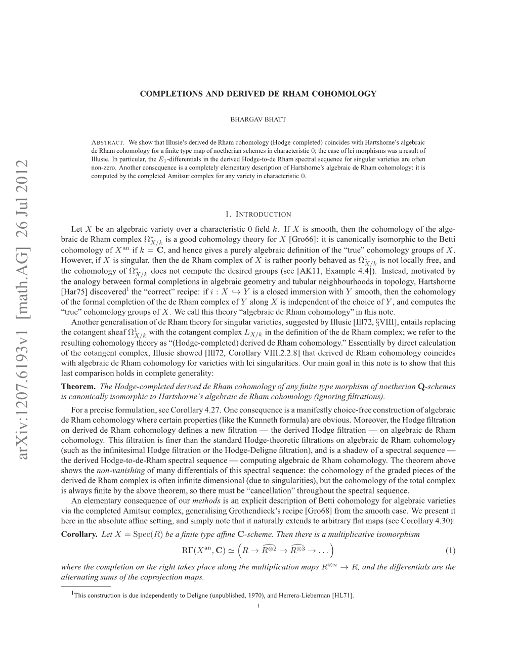 Completions and Derived De Rham Cohomology