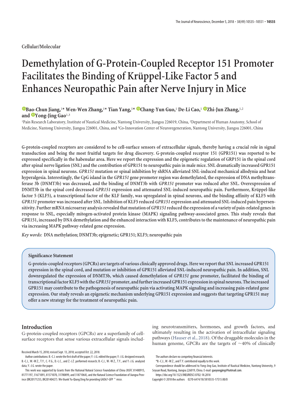 Demethylation of G-Protein-Coupled Receptor 151 Promoter Facilitates the Binding of Krüppel-Like Factor 5 and Enhances Neuropa