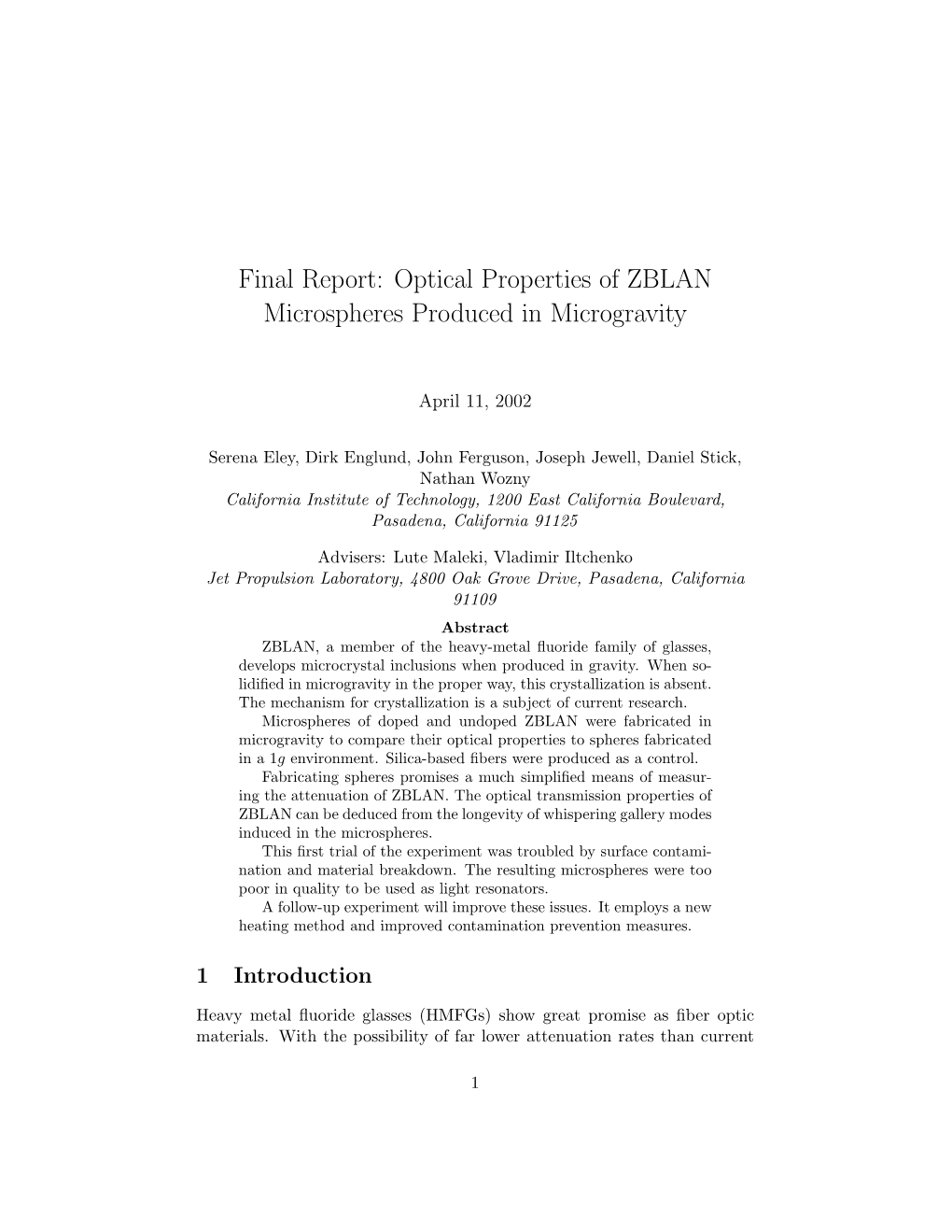 Final Report: Optical Properties of ZBLAN Microspheres Produced in Microgravity