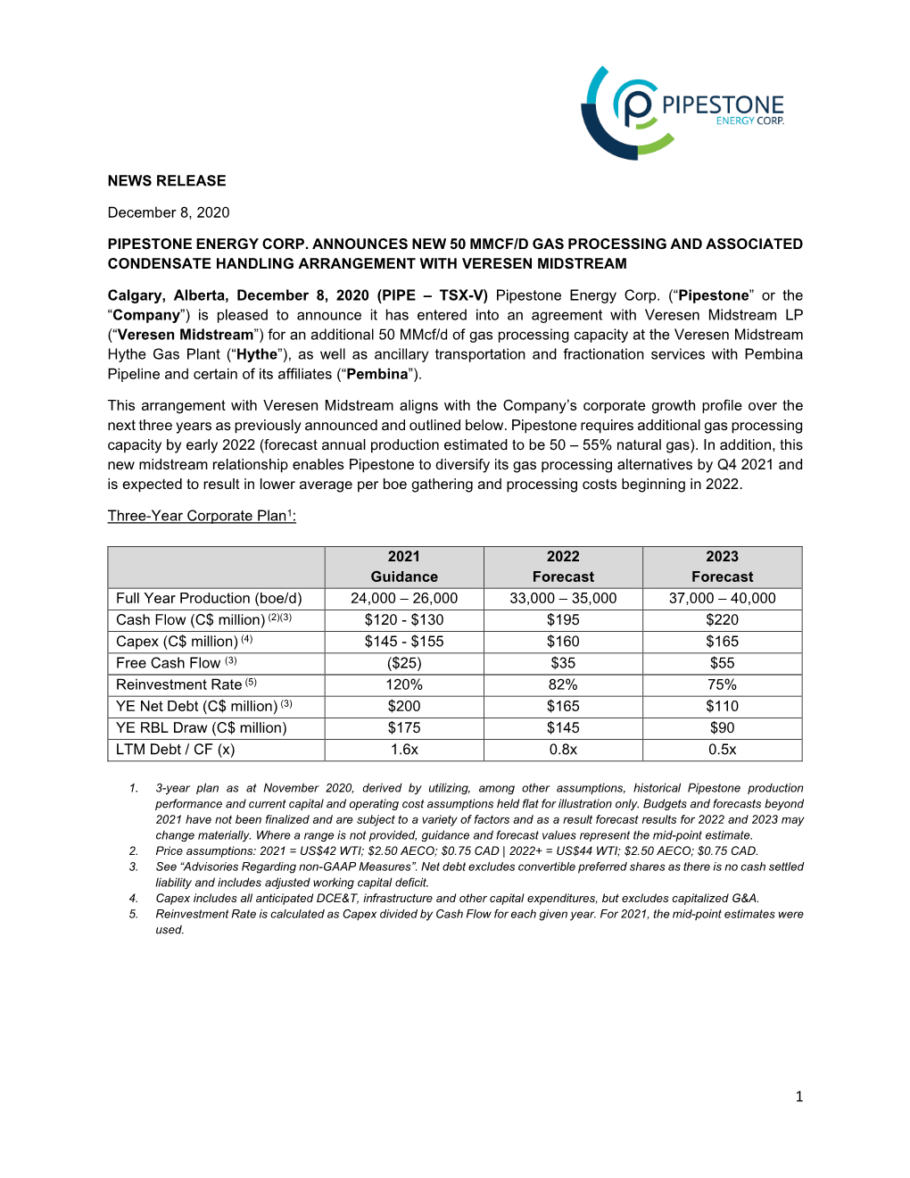 NEWS RELEASE December 8, 2020 PIPESTONE ENERGY CORP. ANNOUNCES NEW 50 MMCF/D GAS PROCESSING and ASSOCIATED CONDENSATE HANDLING A