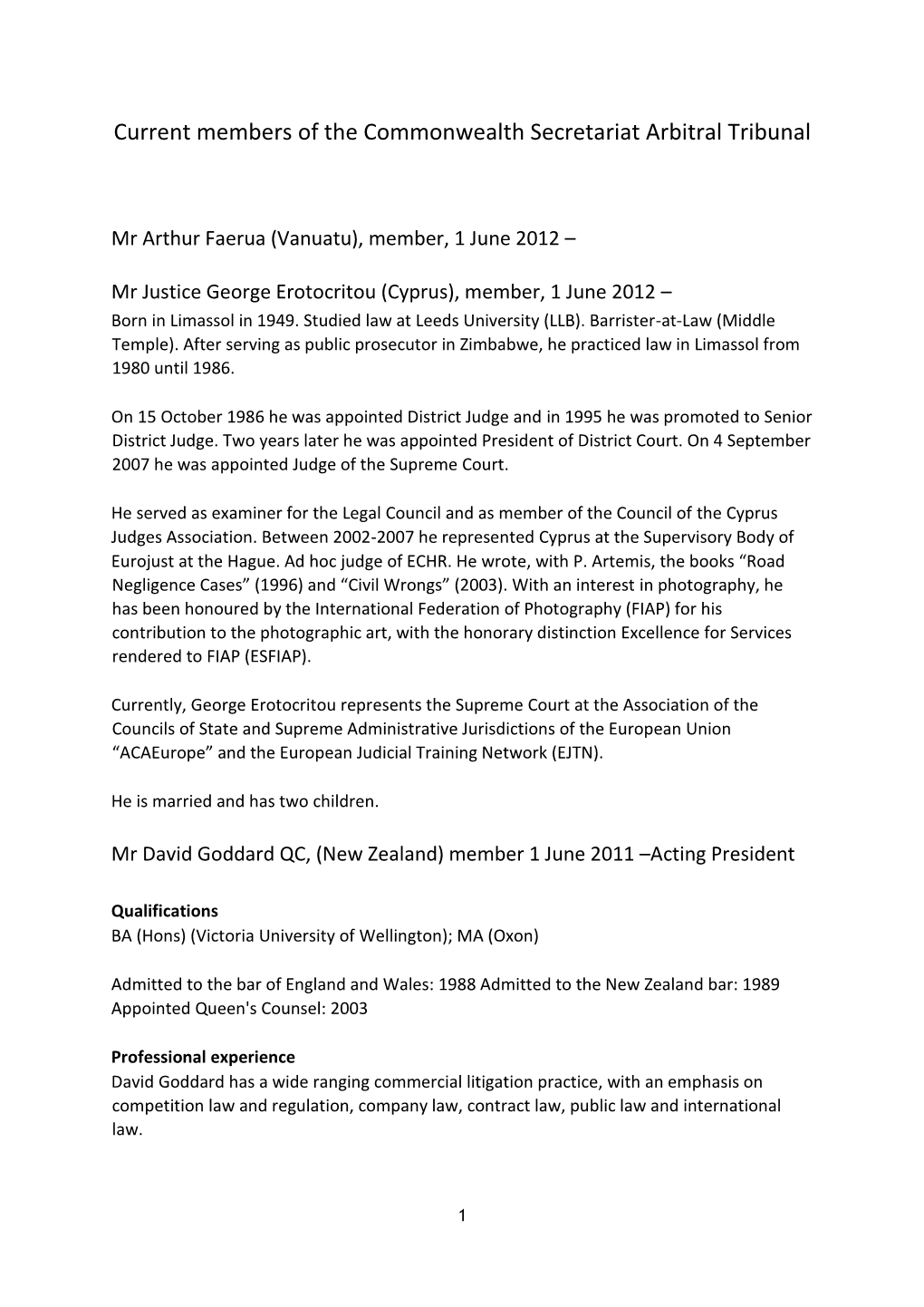 Current Members of the Commonwealth Secretariat Arbitral Tribunal