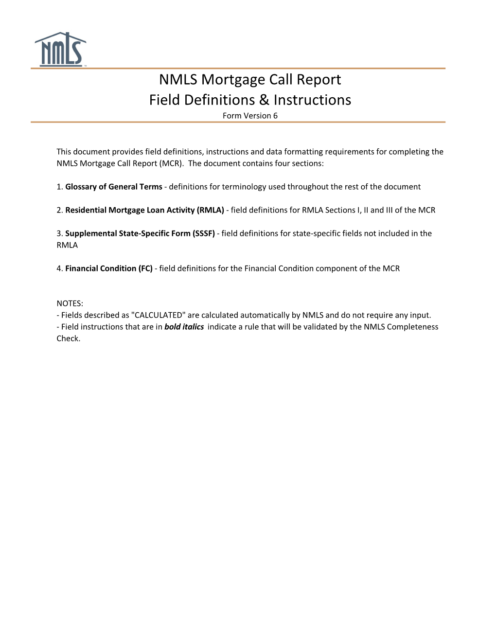 NMLS Mortgage Call Report Field Definitions & Instructions