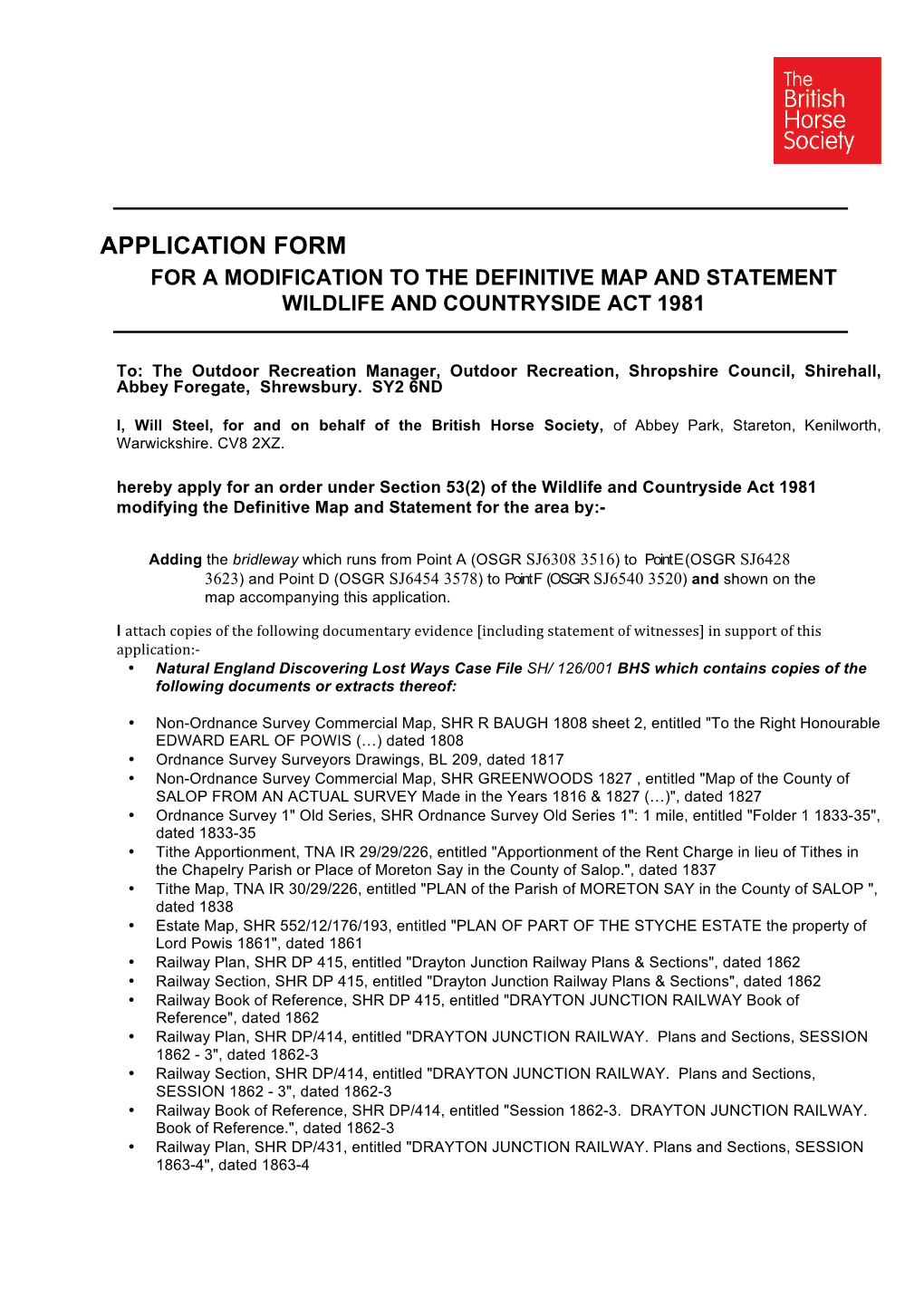 Application Form for a Modification to the Definitive Map and Statement Wildlife and Countryside Act 1981