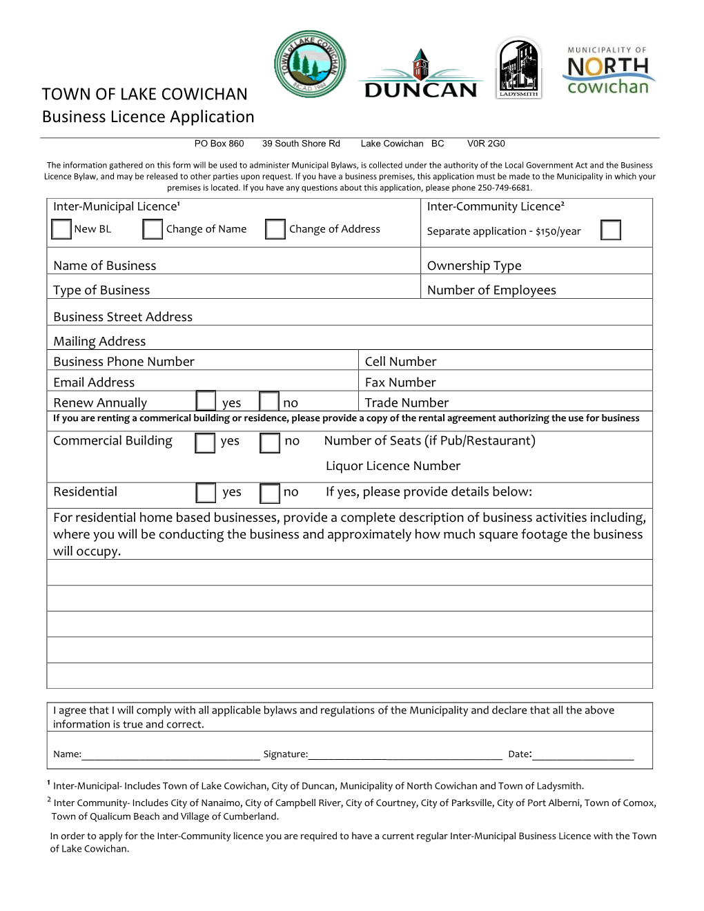 TOWN of LAKE COWICHAN Business Licence Application