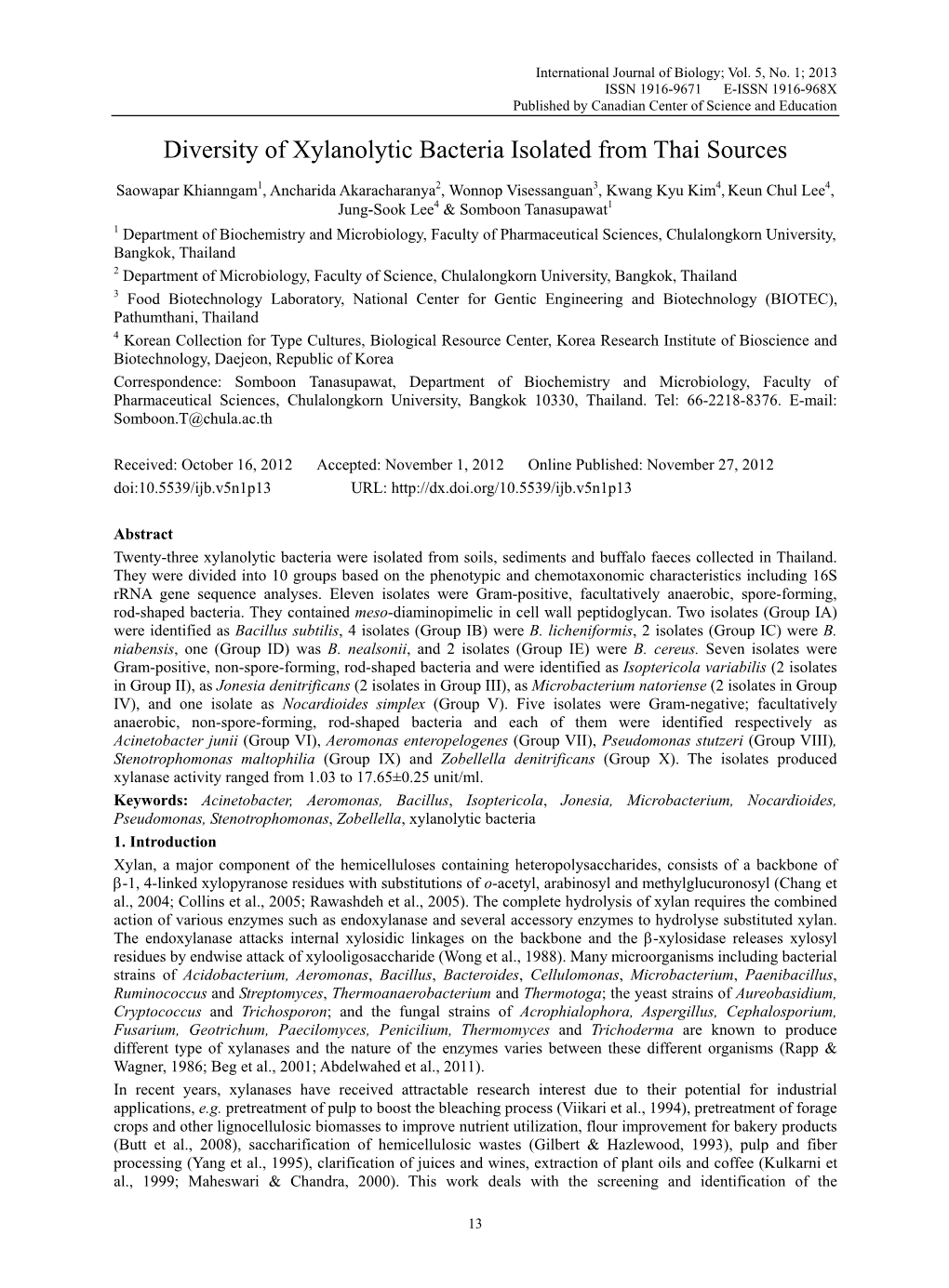 Diversity of Xylanolytic Bacteria Isolated from Thai Sources