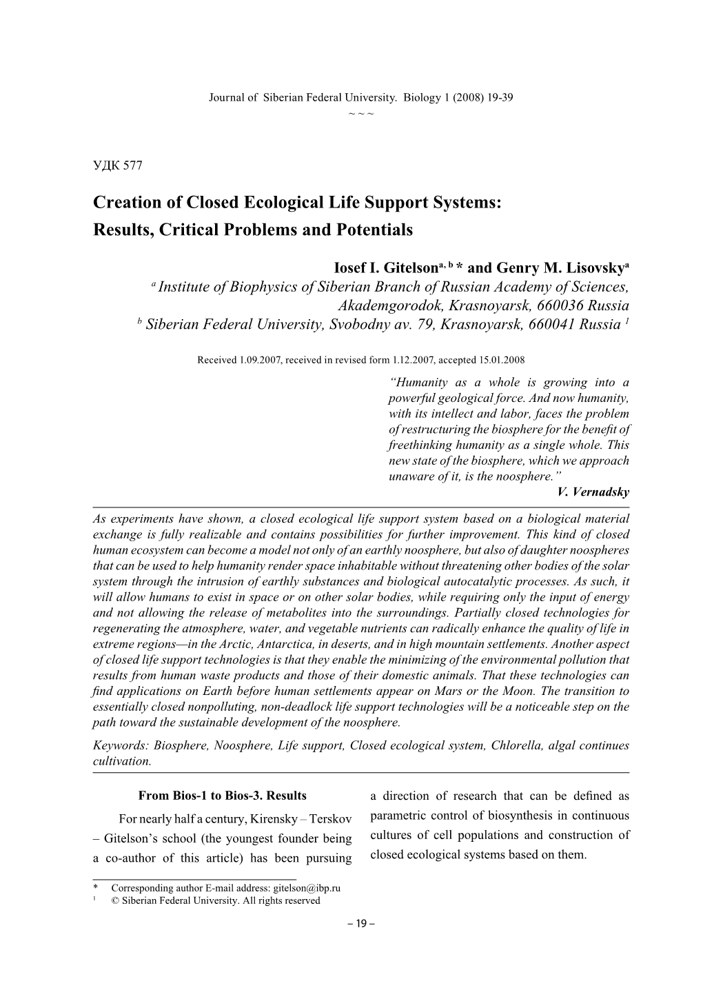 Creation of Closed Ecological Life Support Systems…