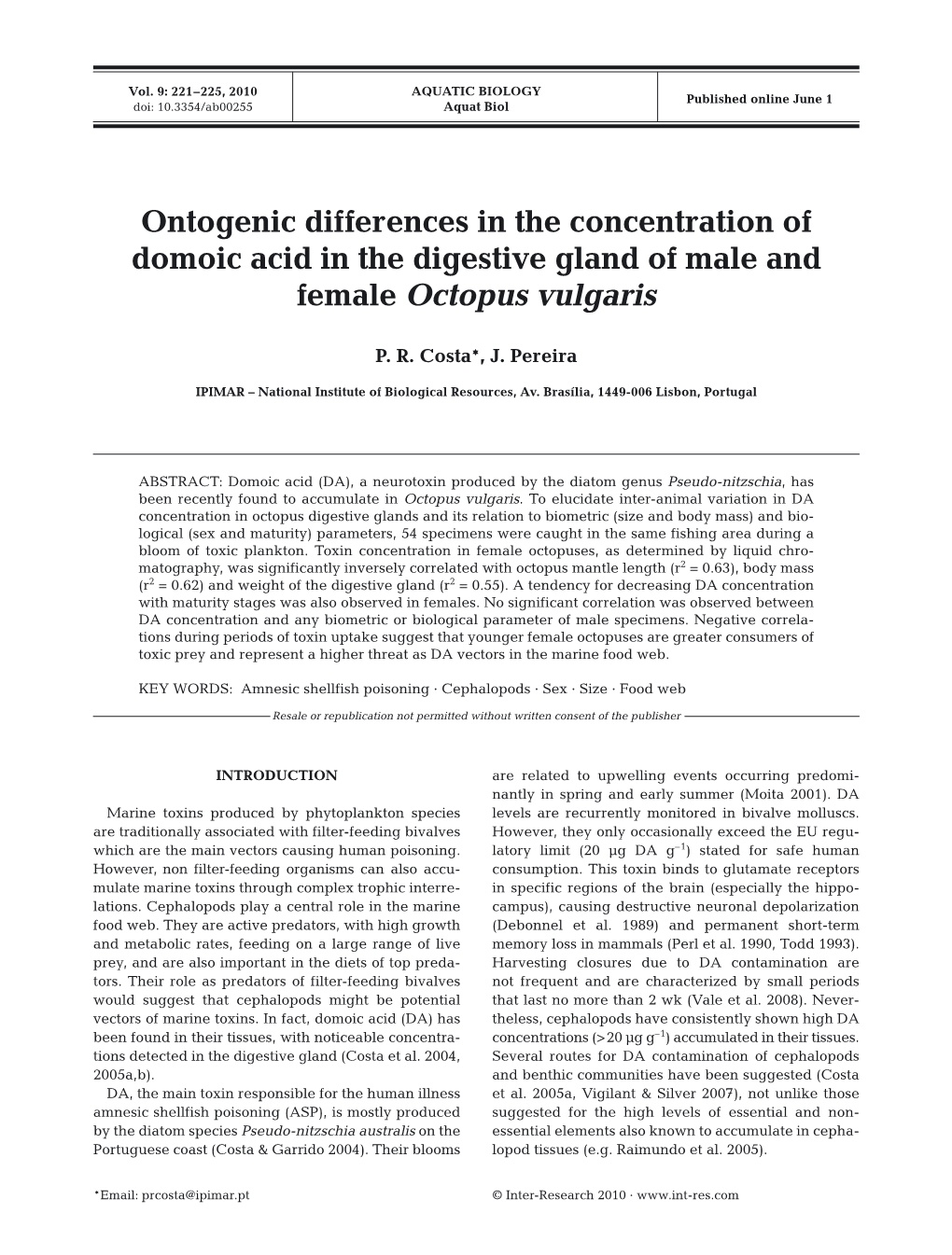 Ontogenic Differences in the Concentration of Domoic Acid in the Digestive Gland of Male and Female Octopus Vulgaris