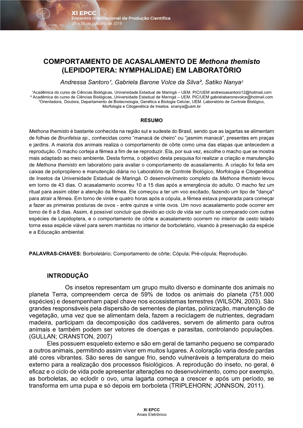 COMPORTAMENTO DE ACASALAMENTO DE Methona Themisto (LEPIDOPTERA: NYMPHALIDAE) EM LABORATÓRIO