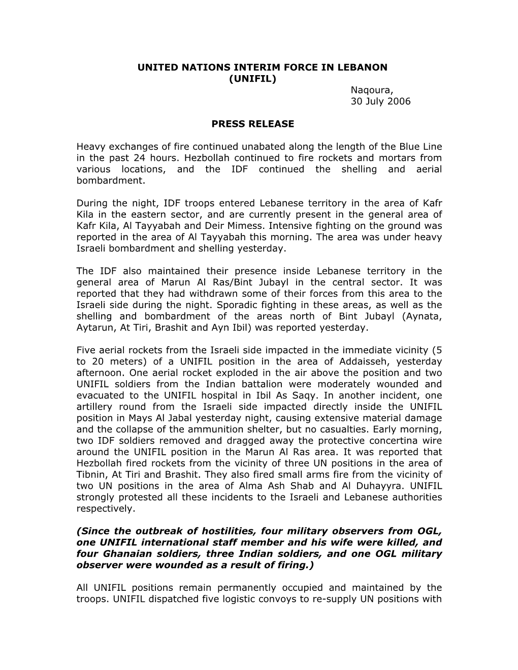 Press Release 30 July 2006
