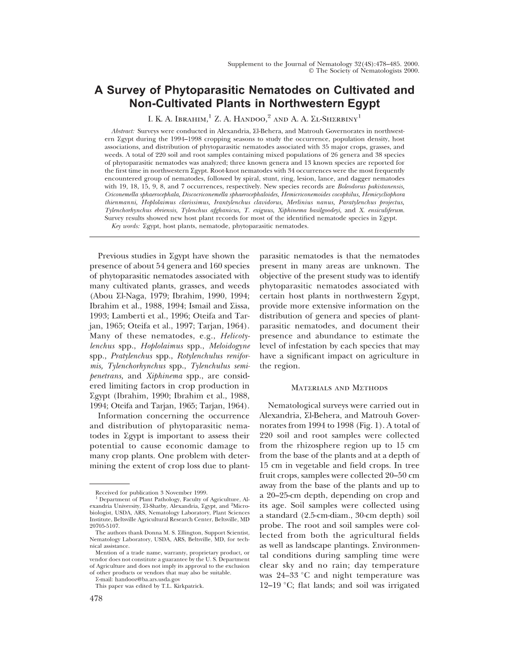 A Survey of Phytoparasitic Nematodes on Cultivated and Non-Cultivated Plants in Northwestern Egypt I