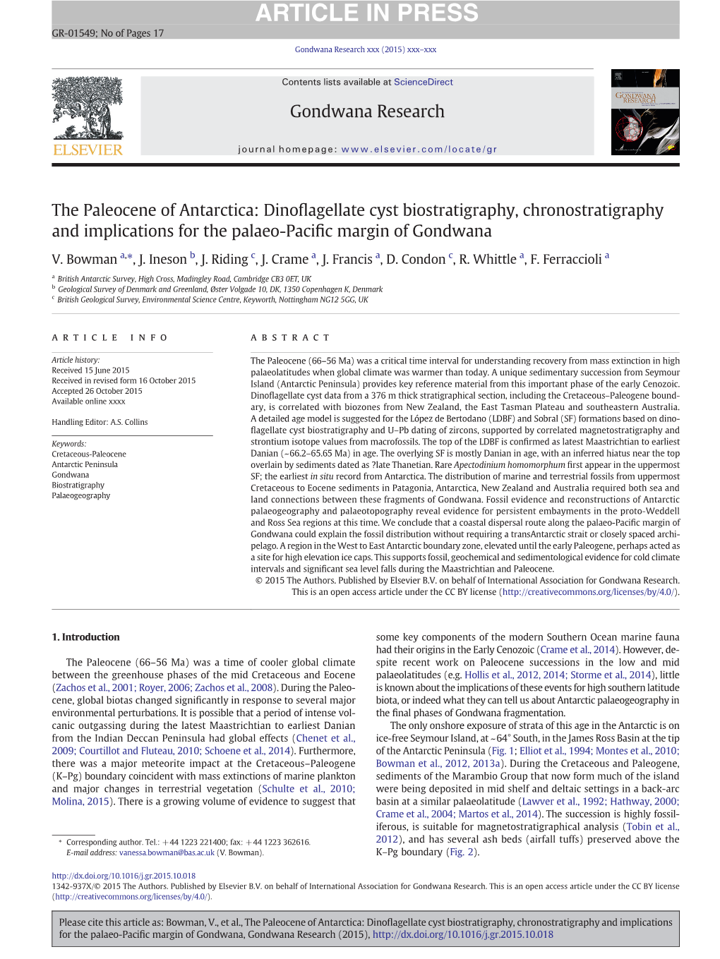 The Paleocene of Antarctica: Dinoﬂagellate Cyst Biostratigraphy, Chronostratigraphy and Implications for the Palaeo-Paciﬁcmarginofgondwana