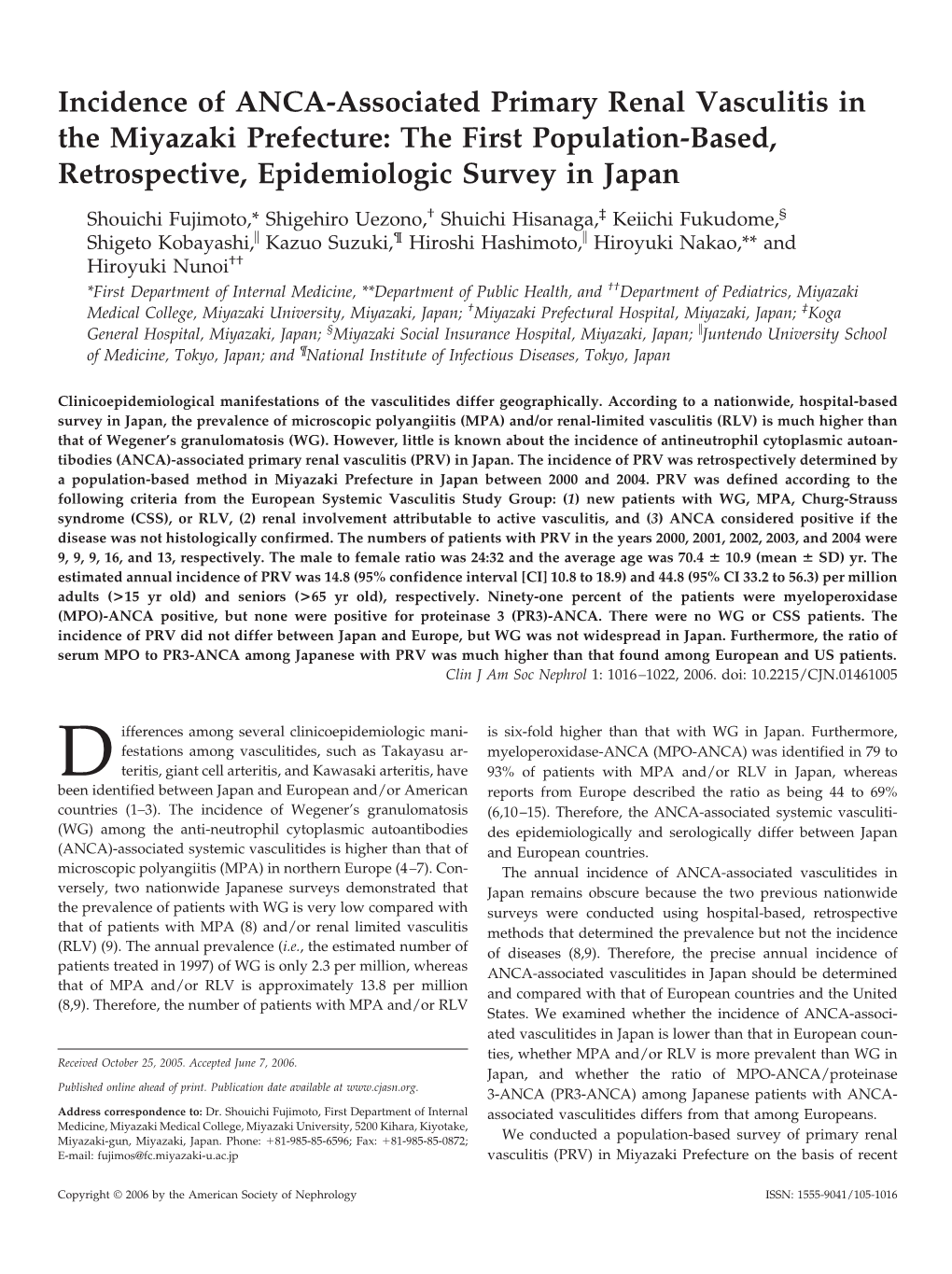 Incidence of ANCA-Associated Primary Renal Vasculitis in the Miyazaki Prefecture: the First Population-Based, Retrospective, Epidemiologic Survey in Japan