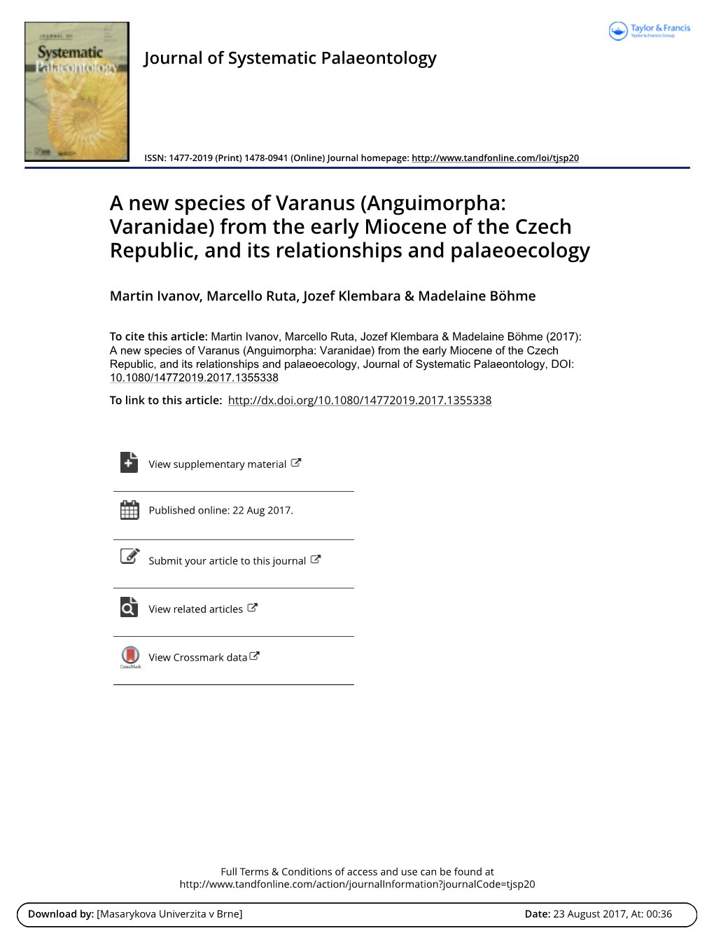 A New Species of Varanus (Anguimorpha: Varanidae) from the Early Miocene of the Czech Republic, and Its Relationships and Palaeoecology