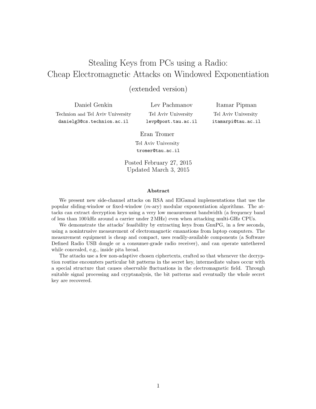 Stealing Keys from Pcs Using a Radio: Cheap Electromagnetic Attacks on Windowed Exponentiation (Extended Version)