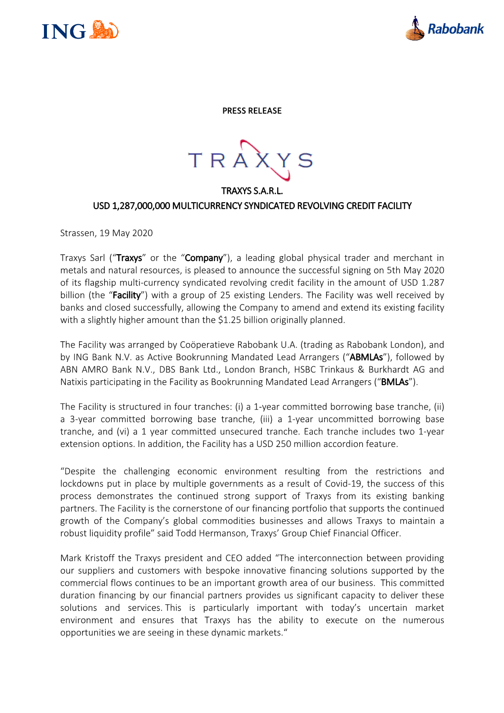 2020-05-19 Traxys S.A.R.L. Usd 1287000000 Multicurrency