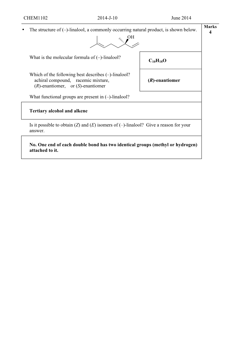 CHEM1102 2014-J-10 June 2014 • the Structure of (–)-Linalool, A