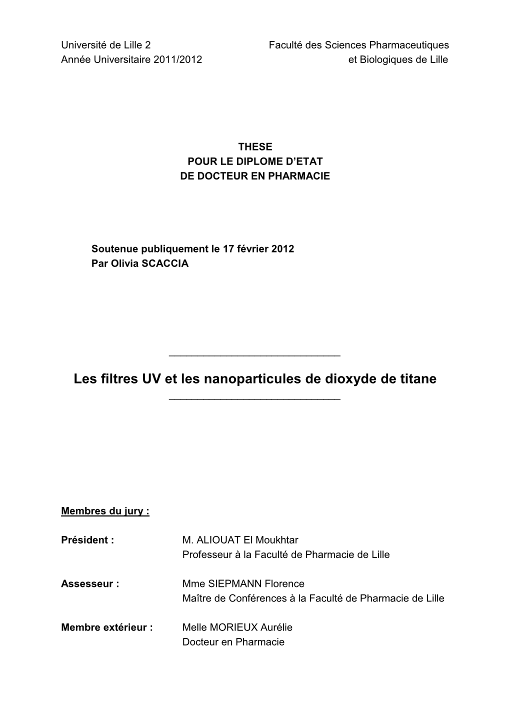 Les Filtres UV Et Les Nanoparticules De Dioxyde De Titane ______