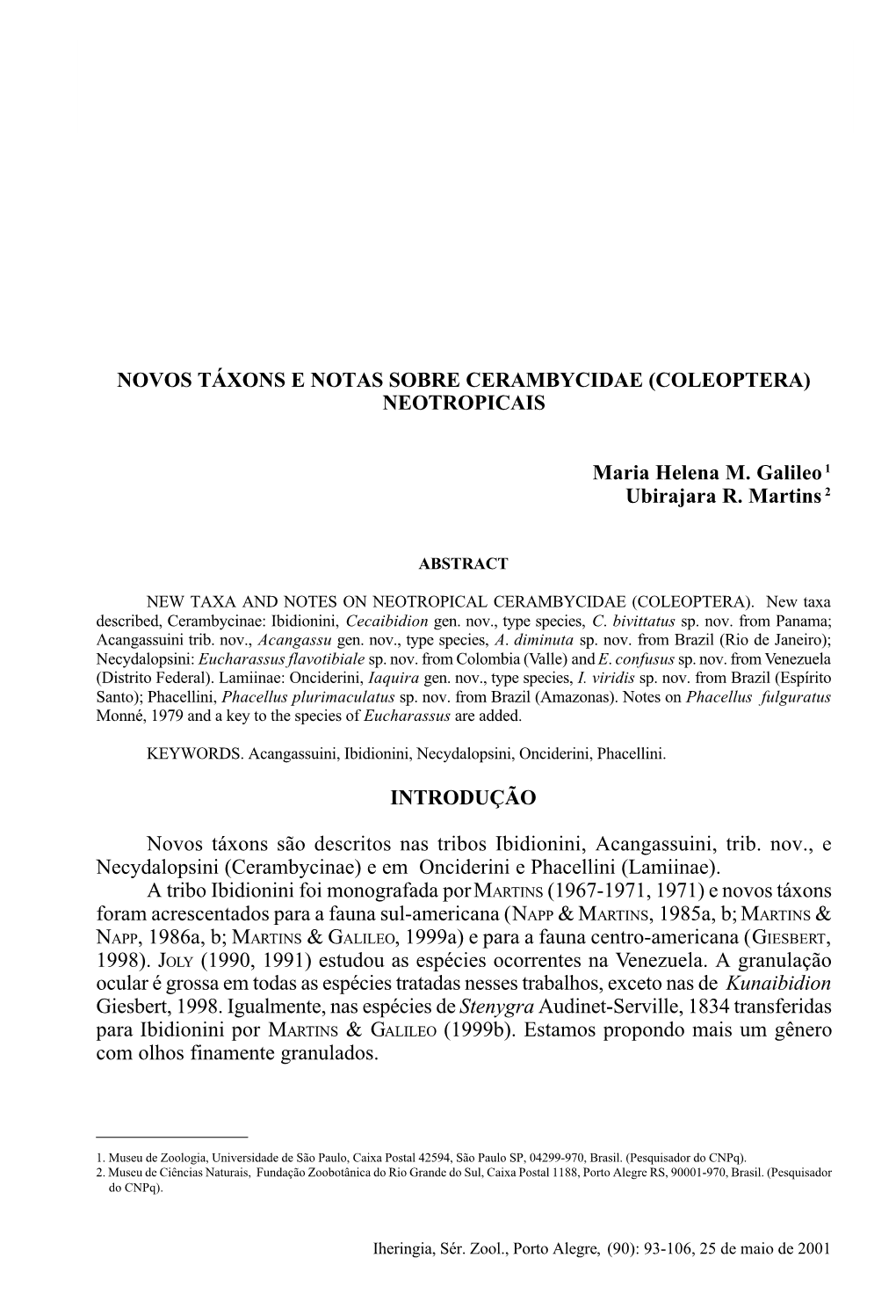 Novos Táxons E Notas Sobre Cerambycidae (Coleoptera) Neotropicais