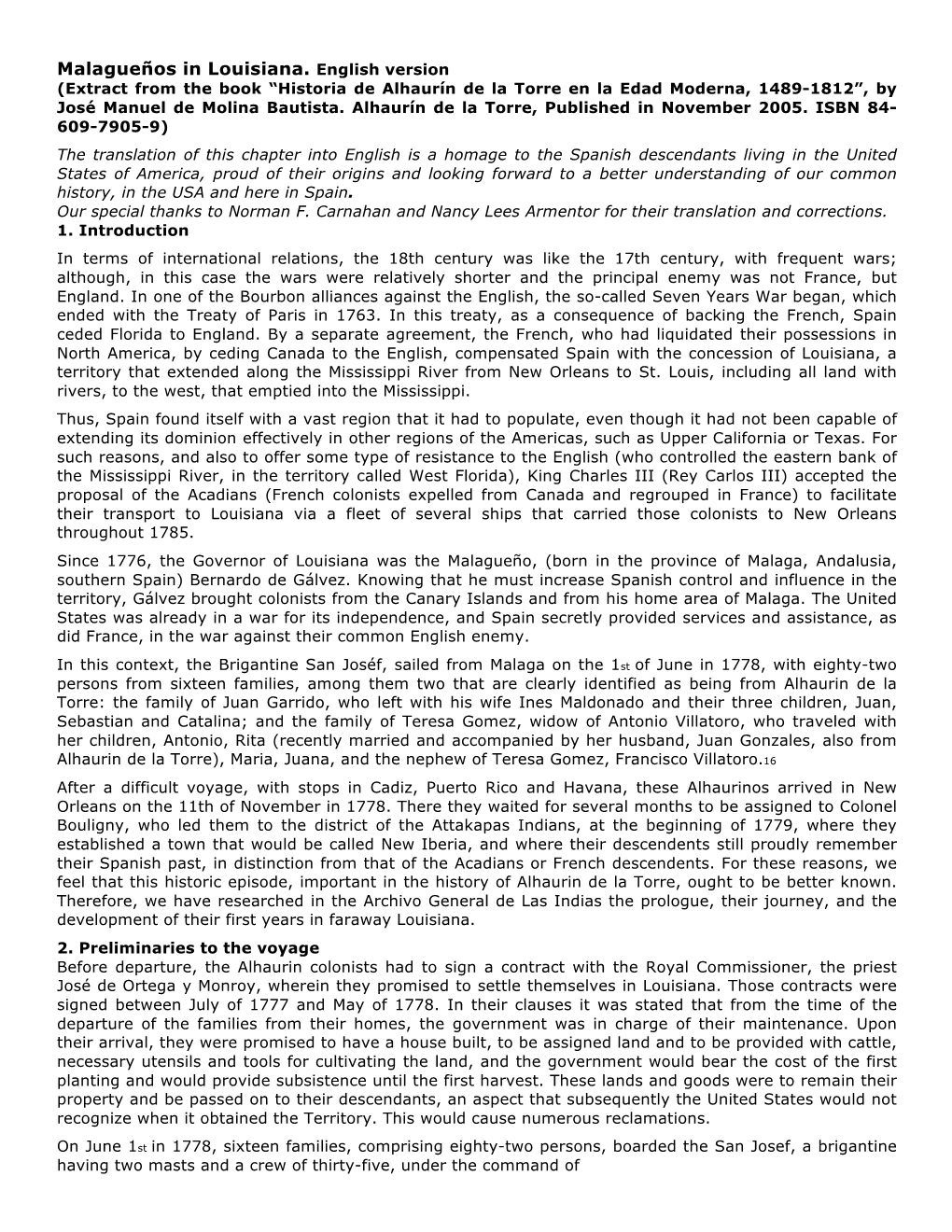 Malagueños in Louisiana. English Version (Extract from the Book “Historia De Alhaurín De La Torre En La Edad Moderna, 1489-1812”, by José Manuel De Molina Bautista