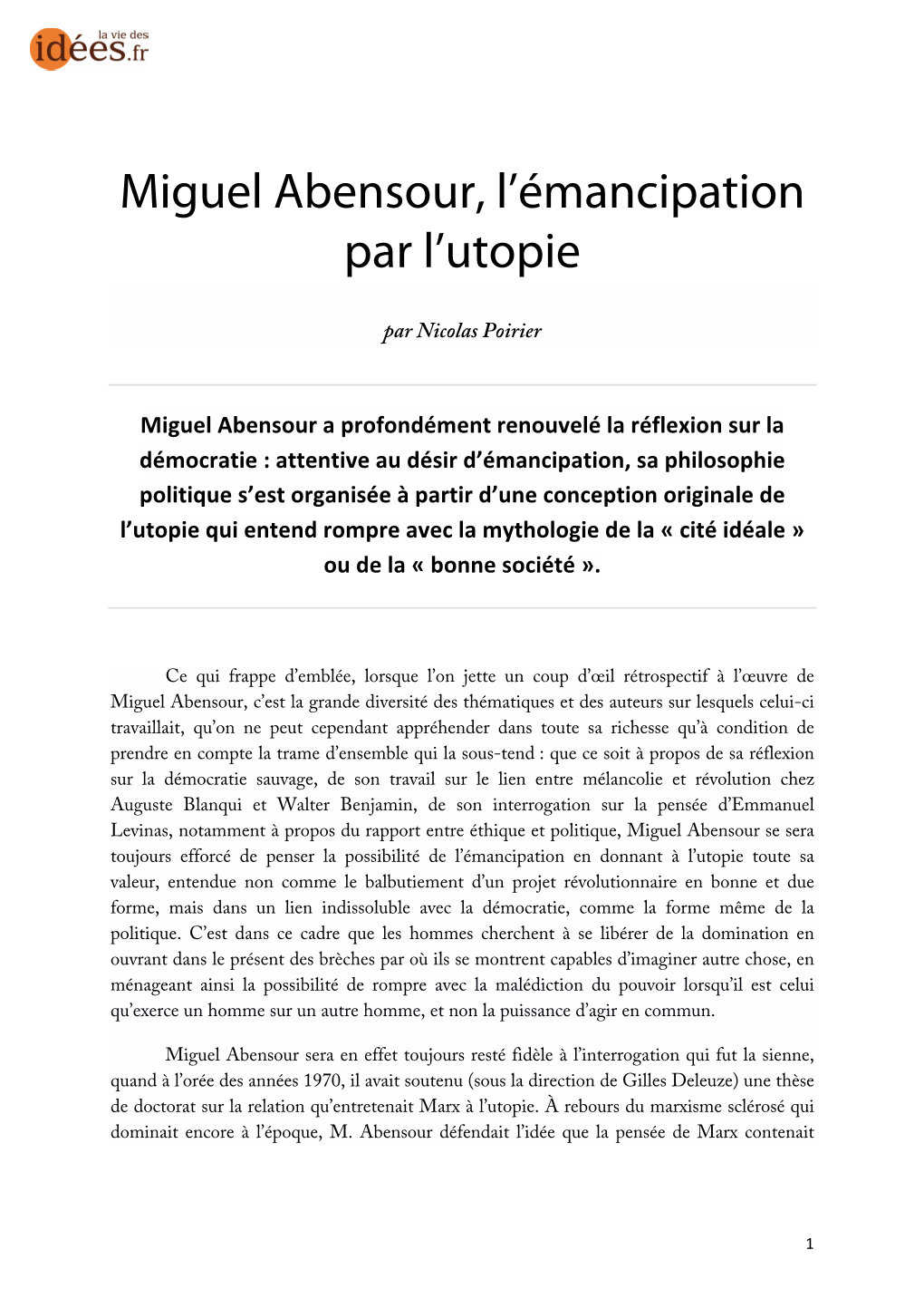 Miguel Abensour, L'émancipation Par L'utopie