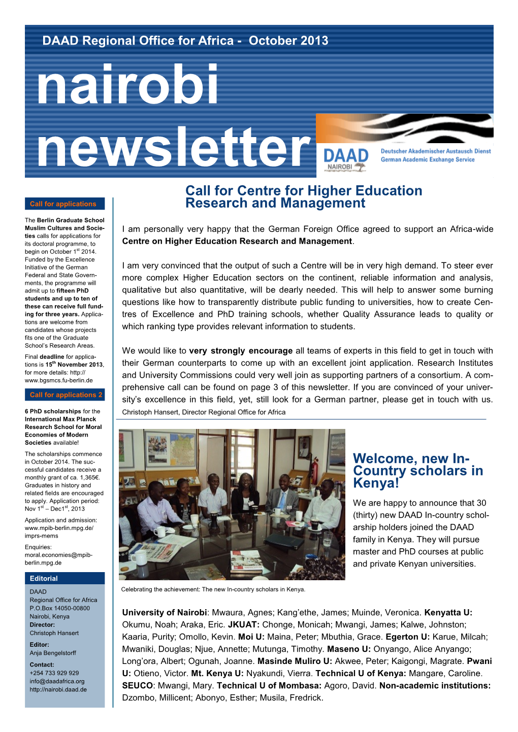 Nairobi Newsletter Call for Centre for Higher Education Call for Applications Research and Management