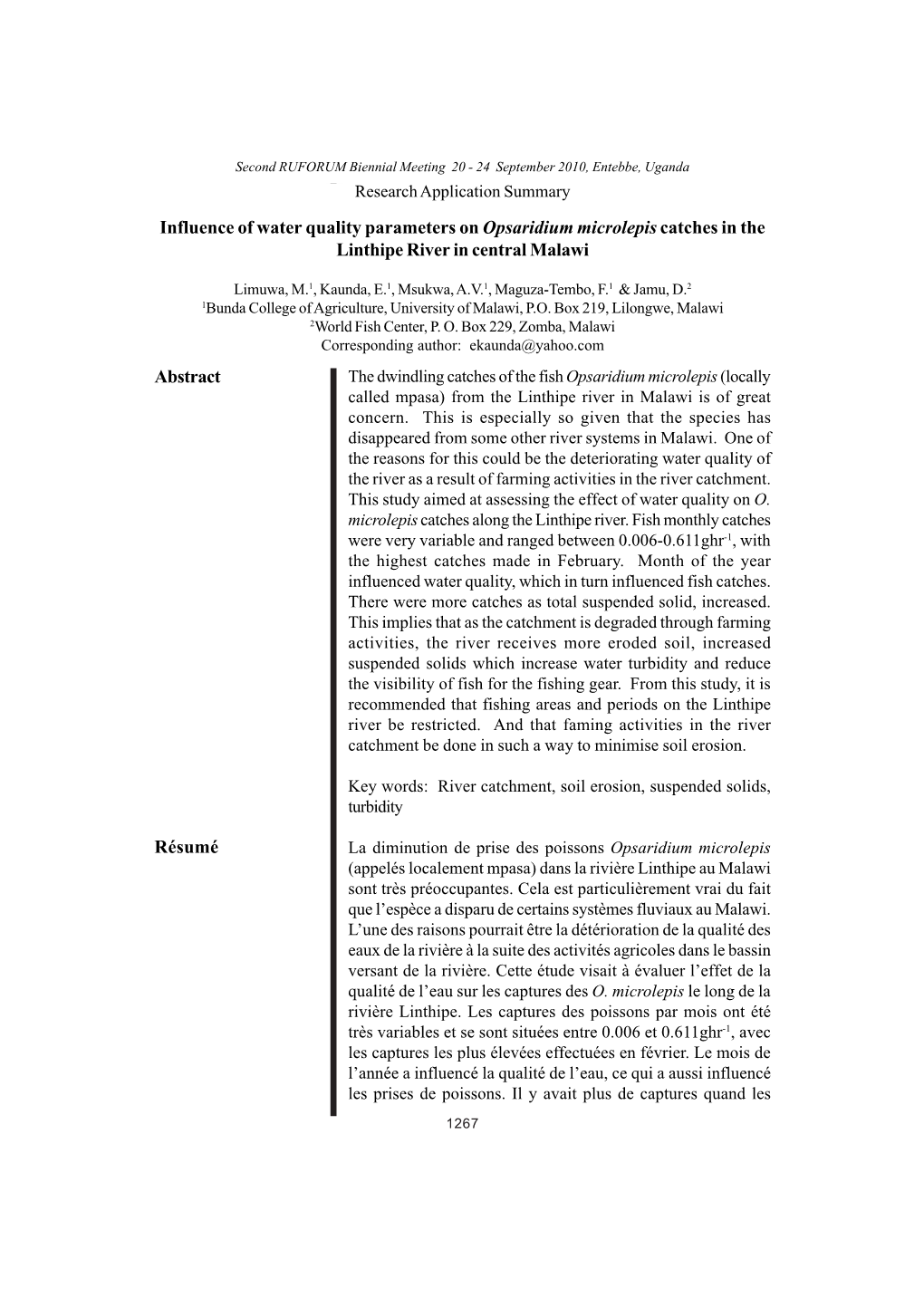 Abstract Résumé Influence of Water Quality Parameters on Opsaridium