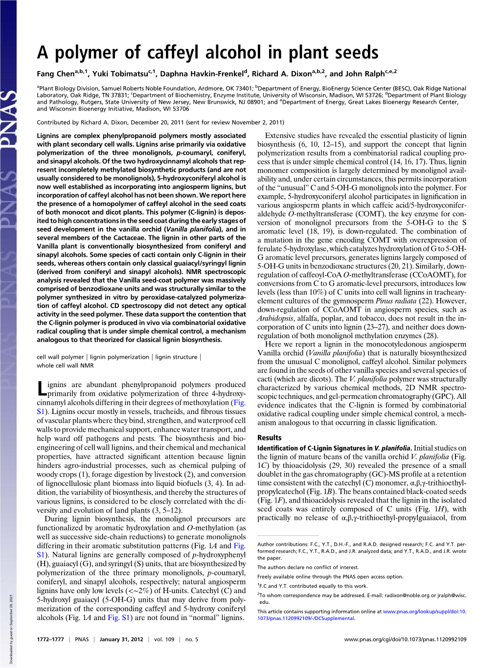 A Polymer of Caffeyl Alcohol in Plant Seeds