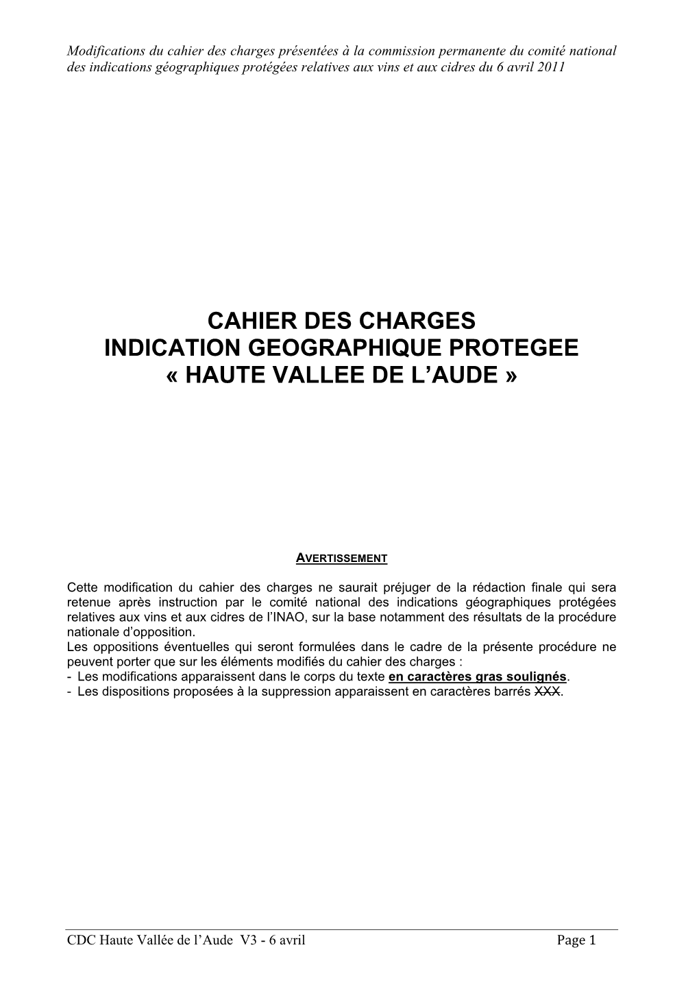 Cahier Des Charges Indication Geographique Protegee « Haute Vallee De L’Aude »