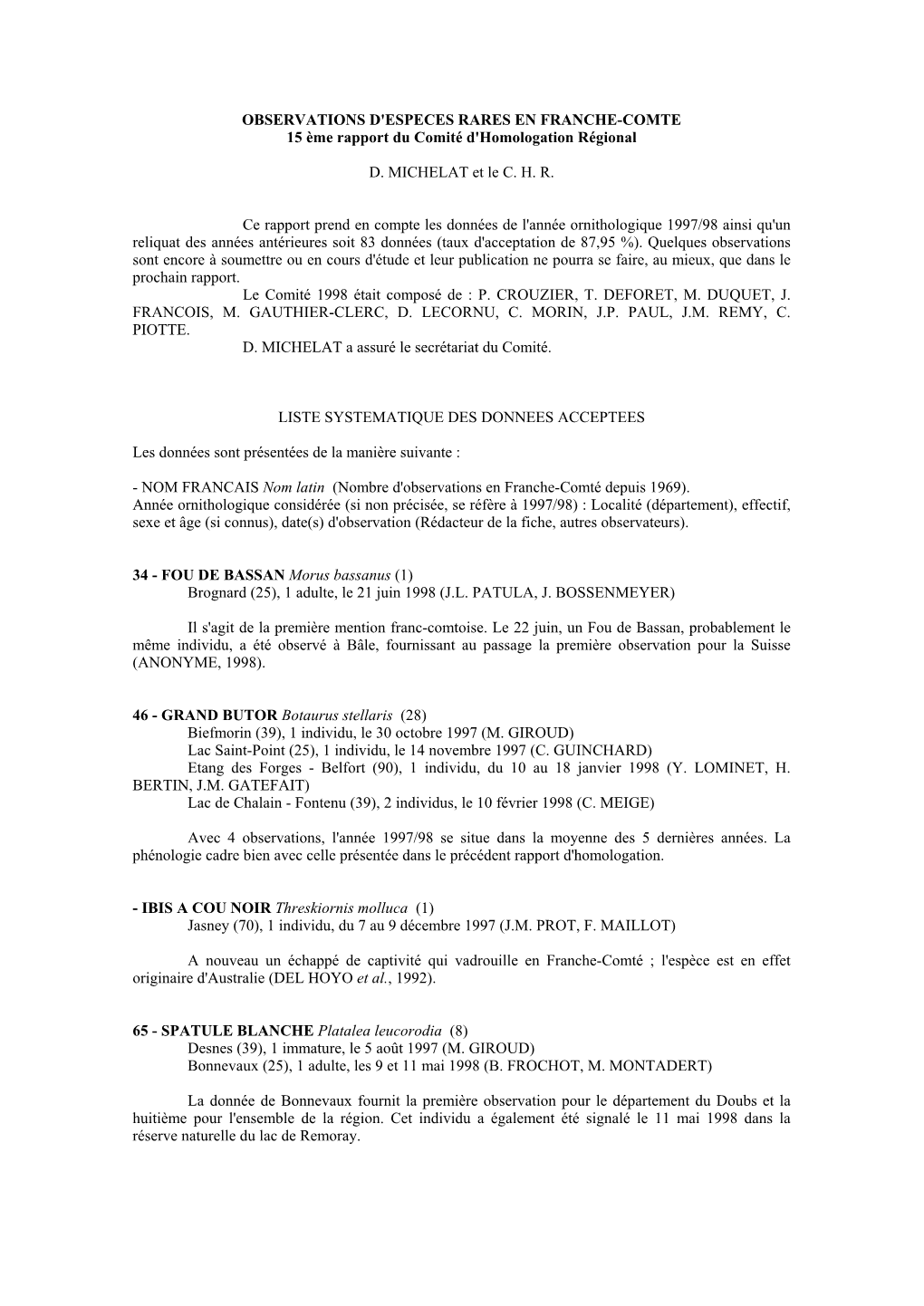 OBSERVATIONS D'especes RARES EN FRANCHE-COMTE 15 Ème Rapport Du Comité D'homologation Régional