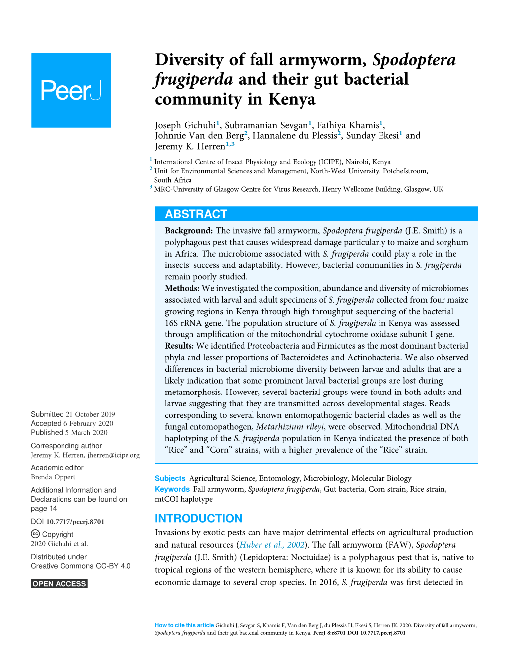 Diversity of Fall Armyworm, Spodoptera Frugiperda and Their Gut Bacterial Community in Kenya