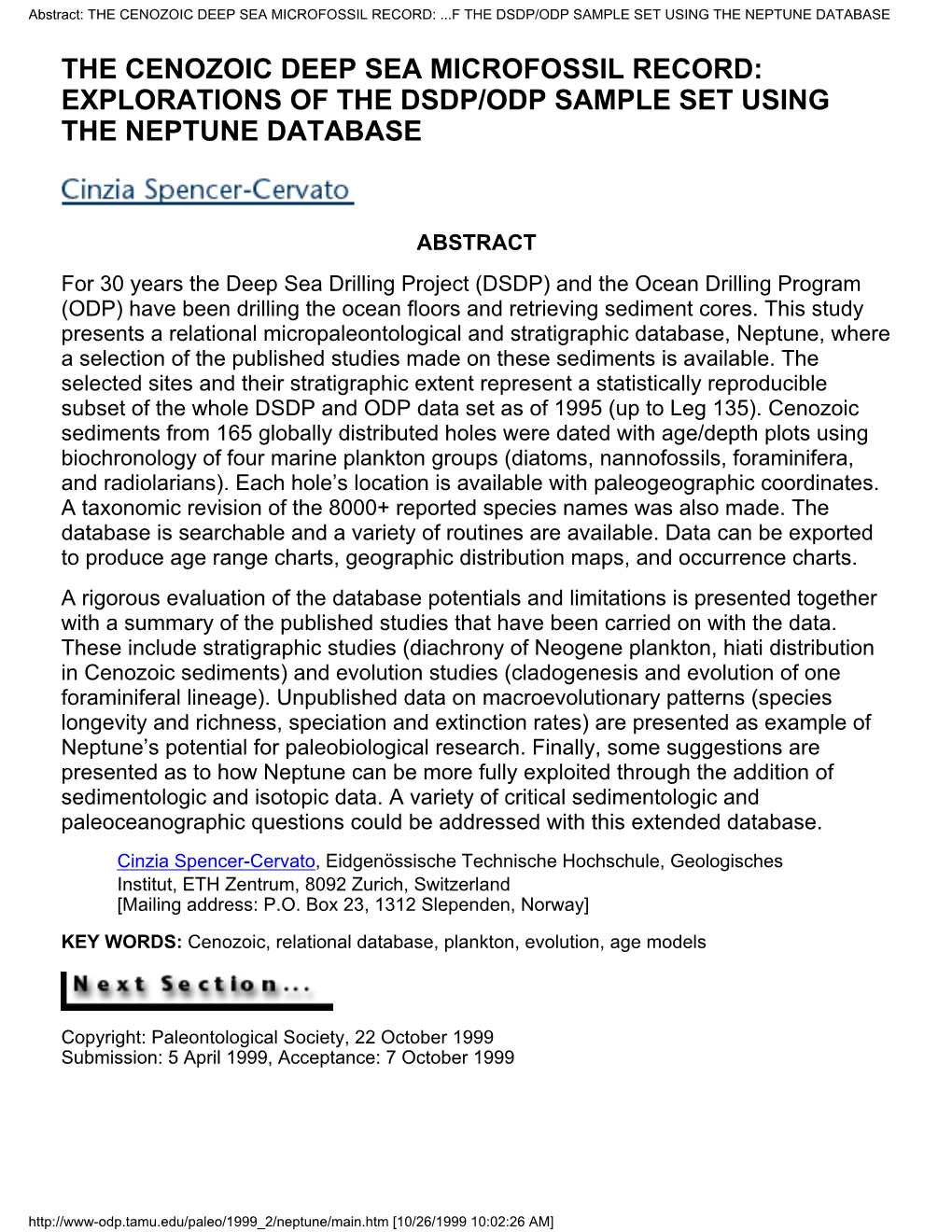 The Cenozoic Deep Sea Microfossil Record: ...F the Dsdp/Odp Sample Set Using the Neptune Database