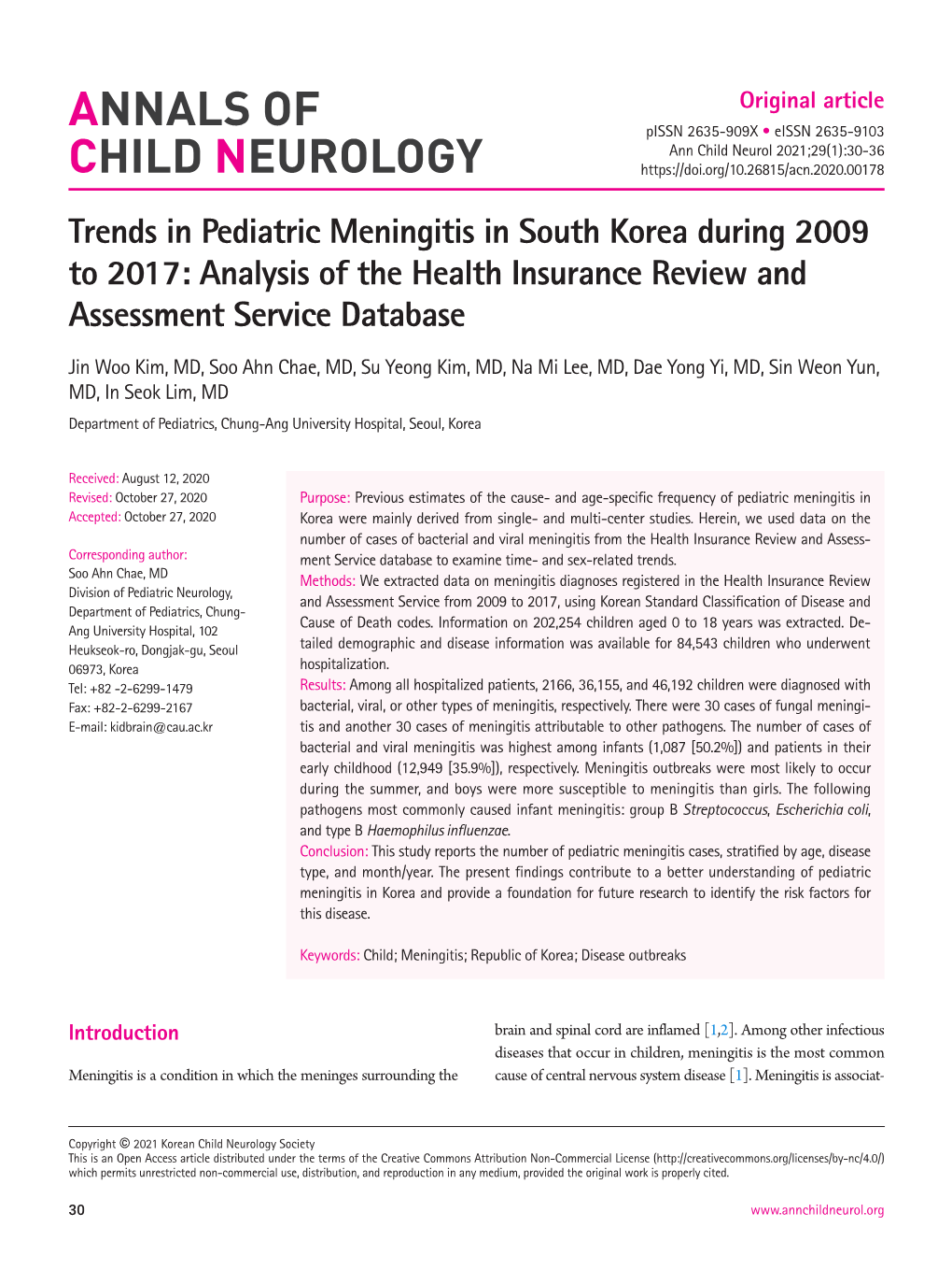 Trends in Pediatric Meningitis in South Korea During 2009 to 2017: Analysis of the Health Insurance Review and Assessment Service Database