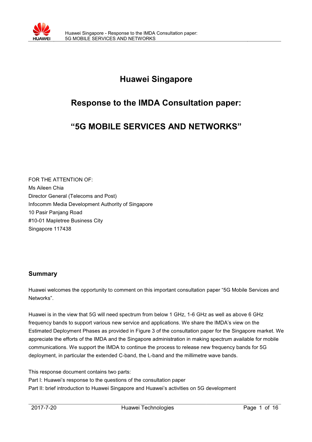 Huawei Singapore Response to the IMDA Consultation Paper: “5G