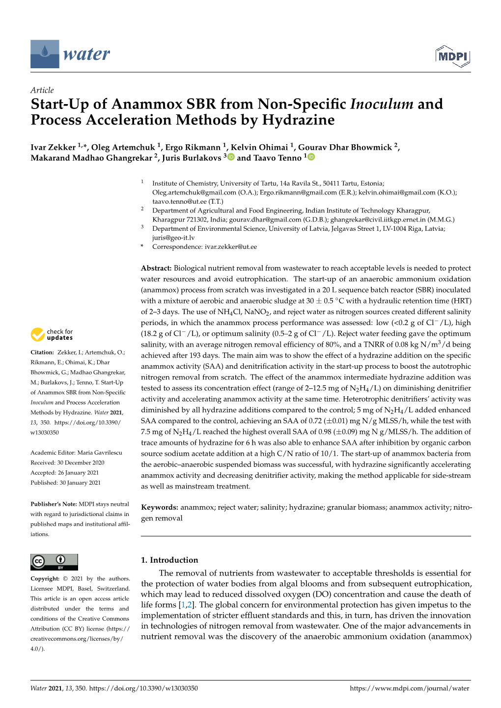 Start-Up of Anammox SBR from Non-Specific Inoculum and Process