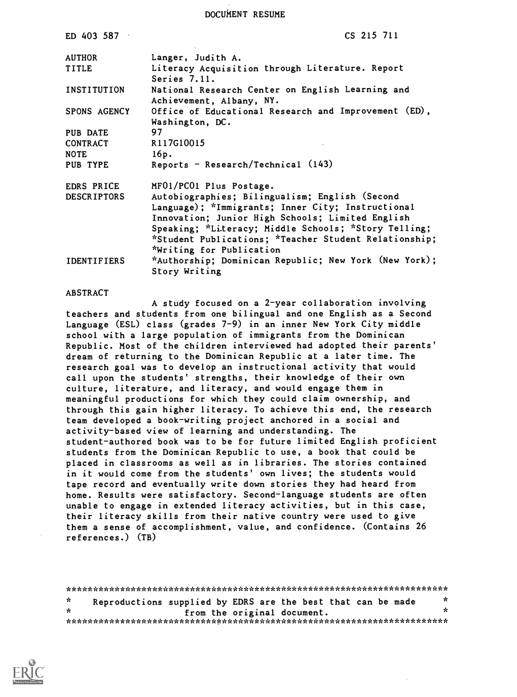 Literacy Acquisition Through Literature. Report Series 7.11. INSTITUTION National Research Center on English Learning and Achievement, Albany, NY