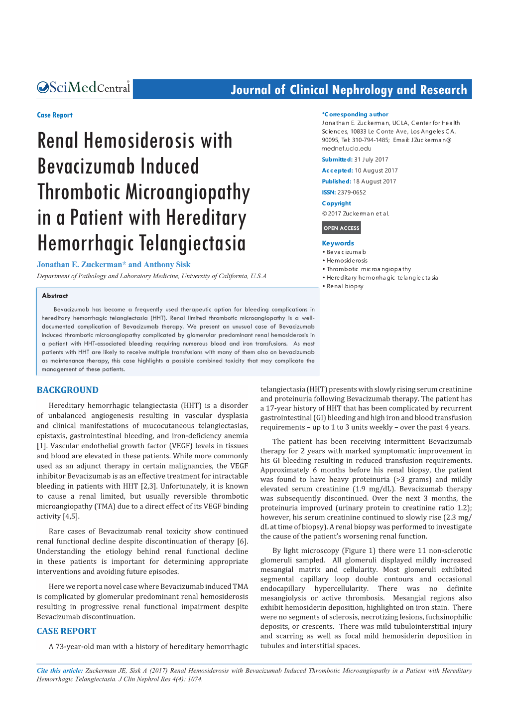 Renal Hemosiderosis with Bevacizumab Induced Thrombotic Microangiopathy in a Patient with Hereditary Hemorrhagic Telangiectasia