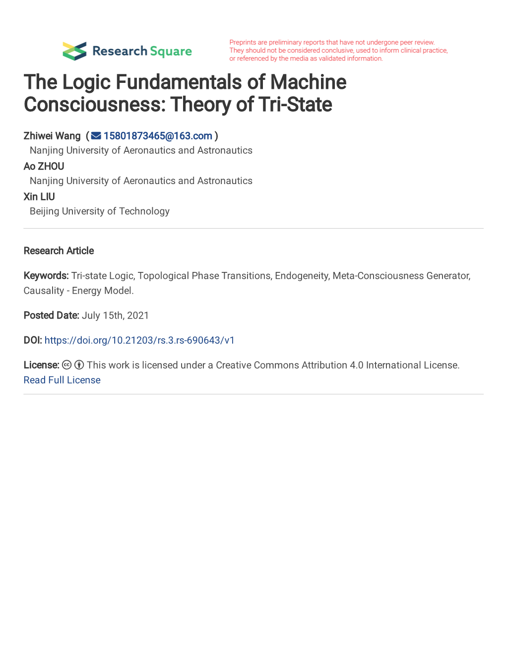 The Logic Fundamentals of Machine Consciousness: Theory of Tri-State