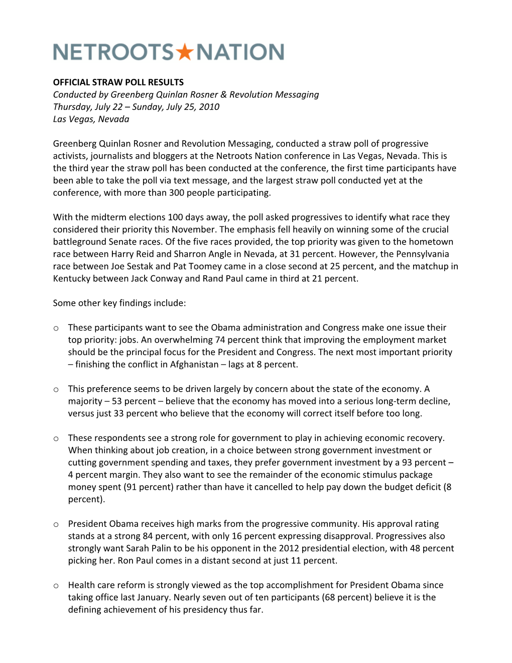 OFFICIAL STRAW POLL RESULTS Conducted by Greenberg Quinlan Rosner & Revolution Messaging Thursday, July 22 – Sunday, July 25, 2010 Las Vegas, Nevada