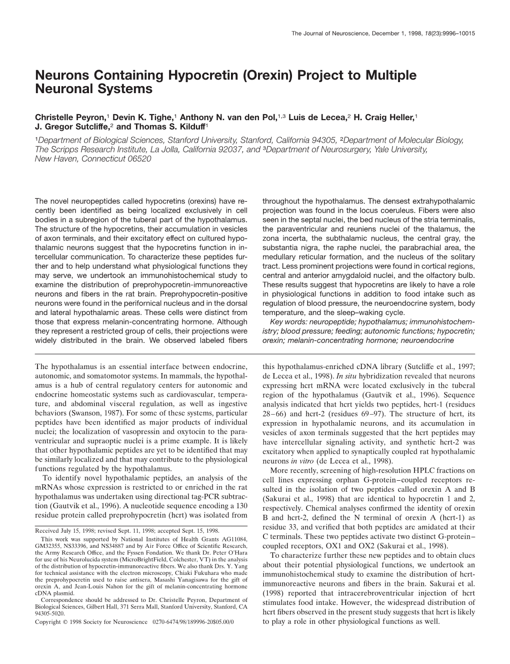 Neurons Containing Hypocretin (Orexin) Project to Multiple Neuronal Systems