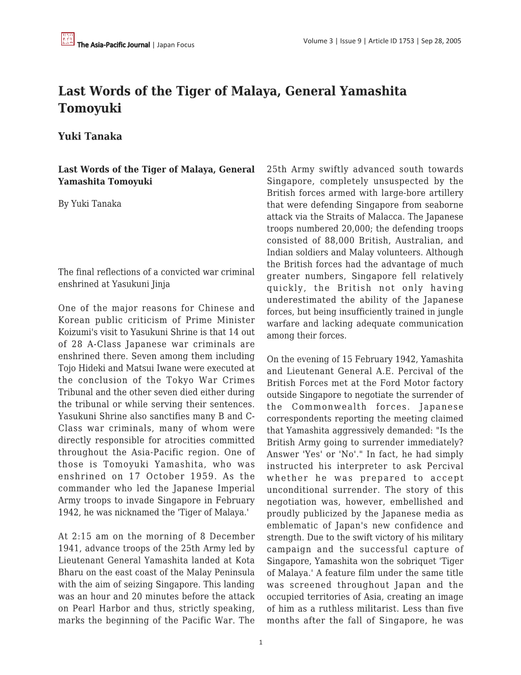 Last Words of the Tiger of Malaya, General Yamashita Tomoyuki