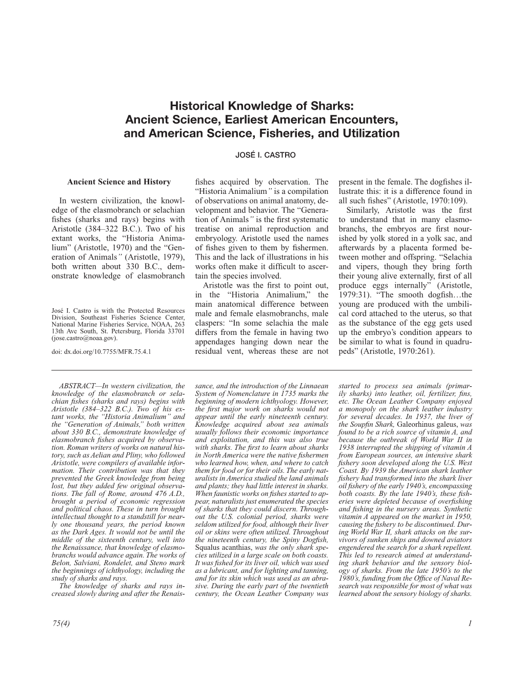 Historical Knowledge of Sharks: Ancient Science, Earliest American Encounters, and American Science, Fisheries, and Utilization