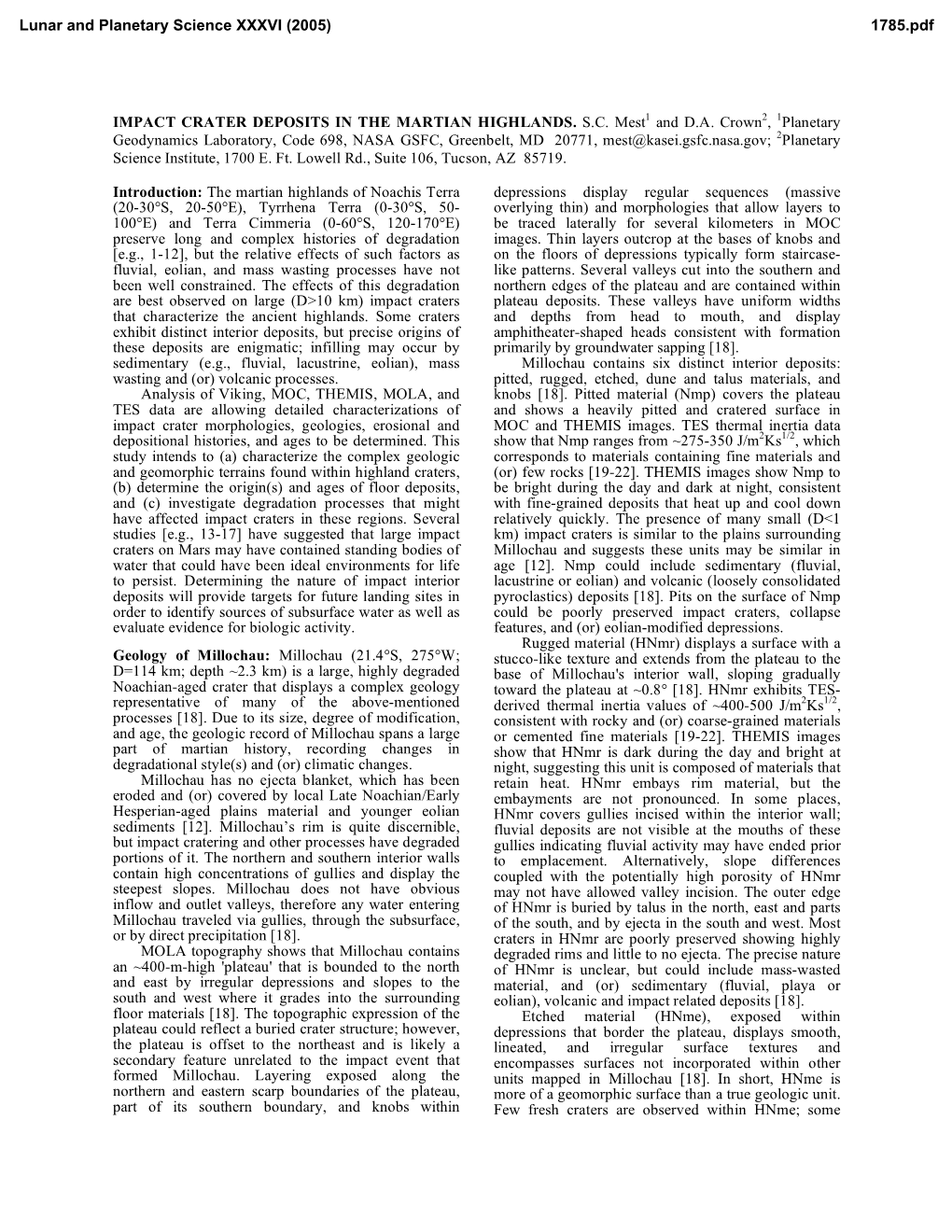 IMPACT CRATER DEPOSITS in the MARTIAN HIGHLANDS. S.C. Mest1 and D.A