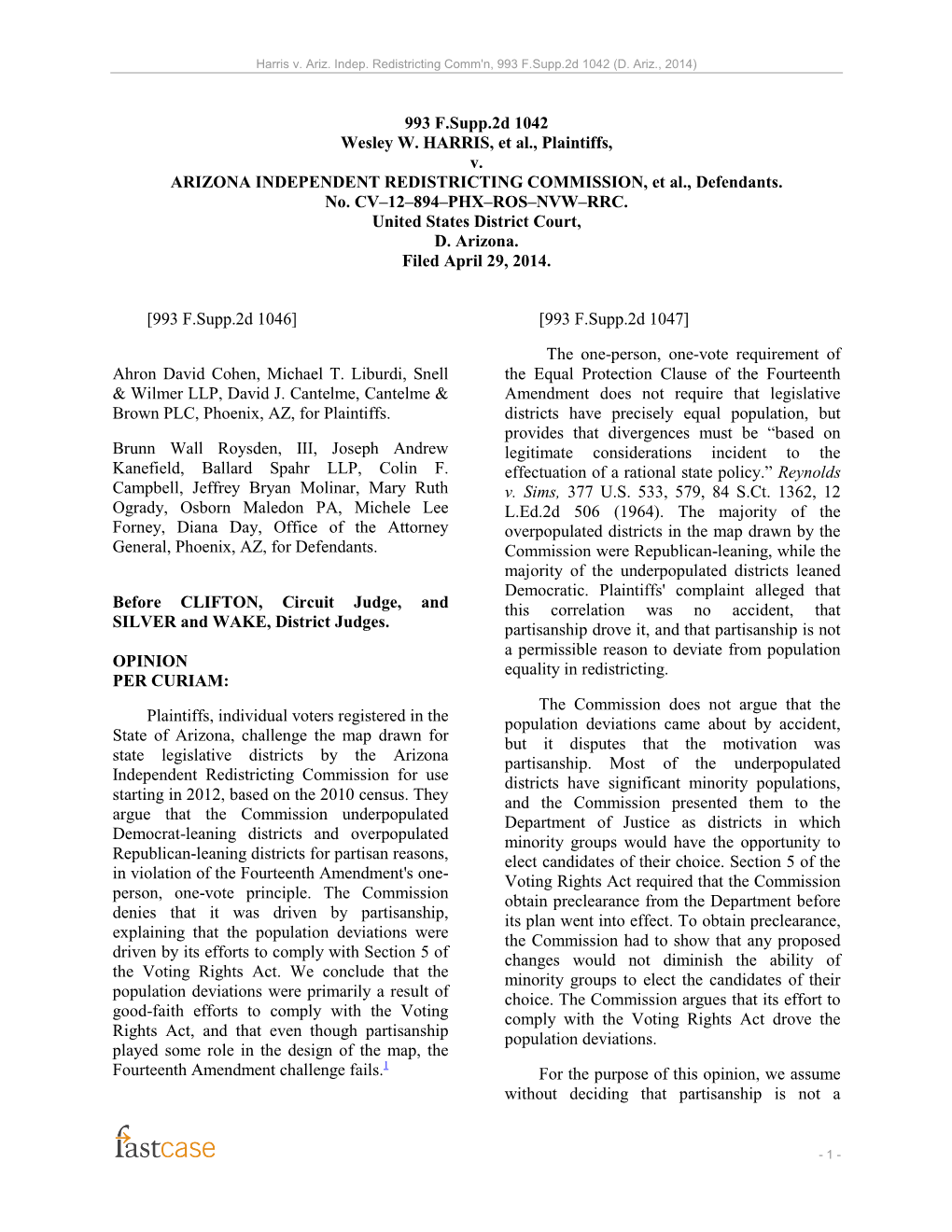 Harris V. Arizona Independent Redistricting Commission, 993 F