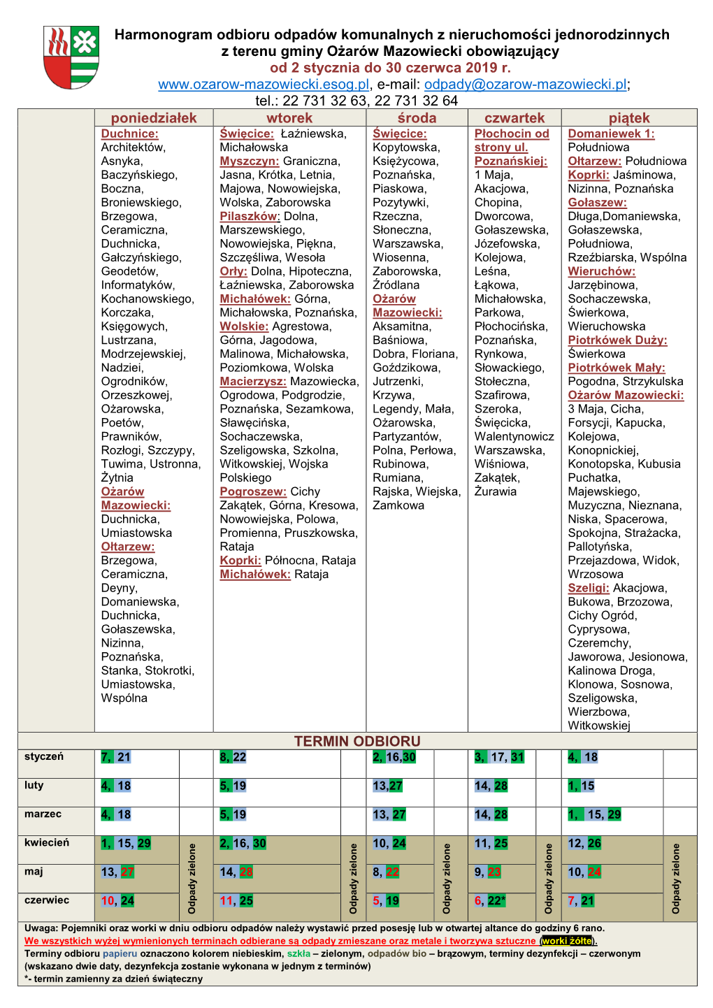 Harmonogram Odbioru Odpadów Komunalnych Z Nieruchomości Jednorodzinnych Z Terenu Gminy Ożarów Mazowiecki Obowiązujący Od 2 Stycznia Do 30 Czerwca 2019 R