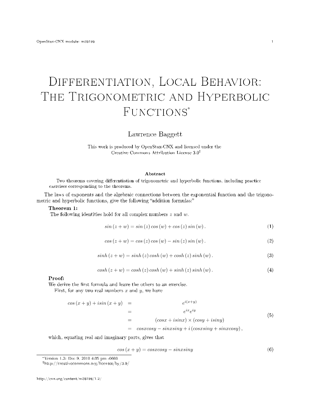 Differentiation, Local Behavior: the Trigonometric and Hyperbolic Functions*